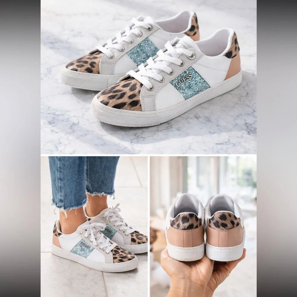 Guess Loven Low Profile Sneaker White Ocean Leopard Women’s 6.5 Animal Print